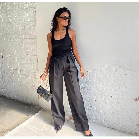 Because of Alice Pants - BOA Longline Dad Trousers Oversized Tailored Pleated Black Pants L NWOT